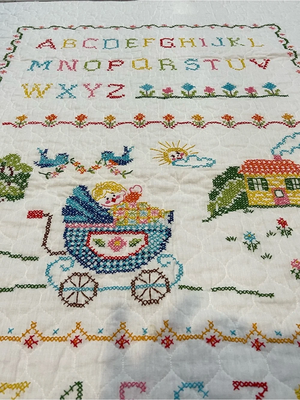 Hand-Embroidered Alphabet Sampler Quilt - Pastel & Primary Floral Motifs